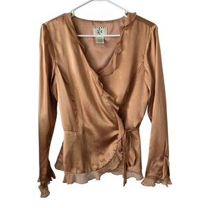 Y2K Vintage Silk Wrap Blouse Size L Ruffle Trim Tie Waist By Ice Dark Champagne